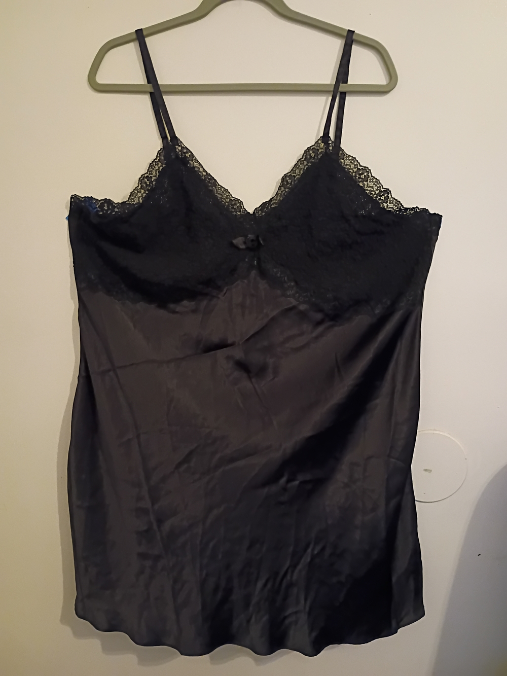 VTG Intimate Moods Black Satin Slip Chemise with Lace Trim Sz 3XL